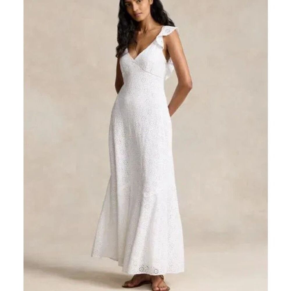 Polo RalphāLauren Eyelet Open Back Ruffle Maxi Dress Size 10 White 100% Cotton